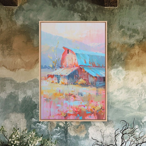 Rustic Pastel Barn In Countryside Landscape Framed Print Farmhouse Decor Country Art For Living Room Rustic Wall Art For Home