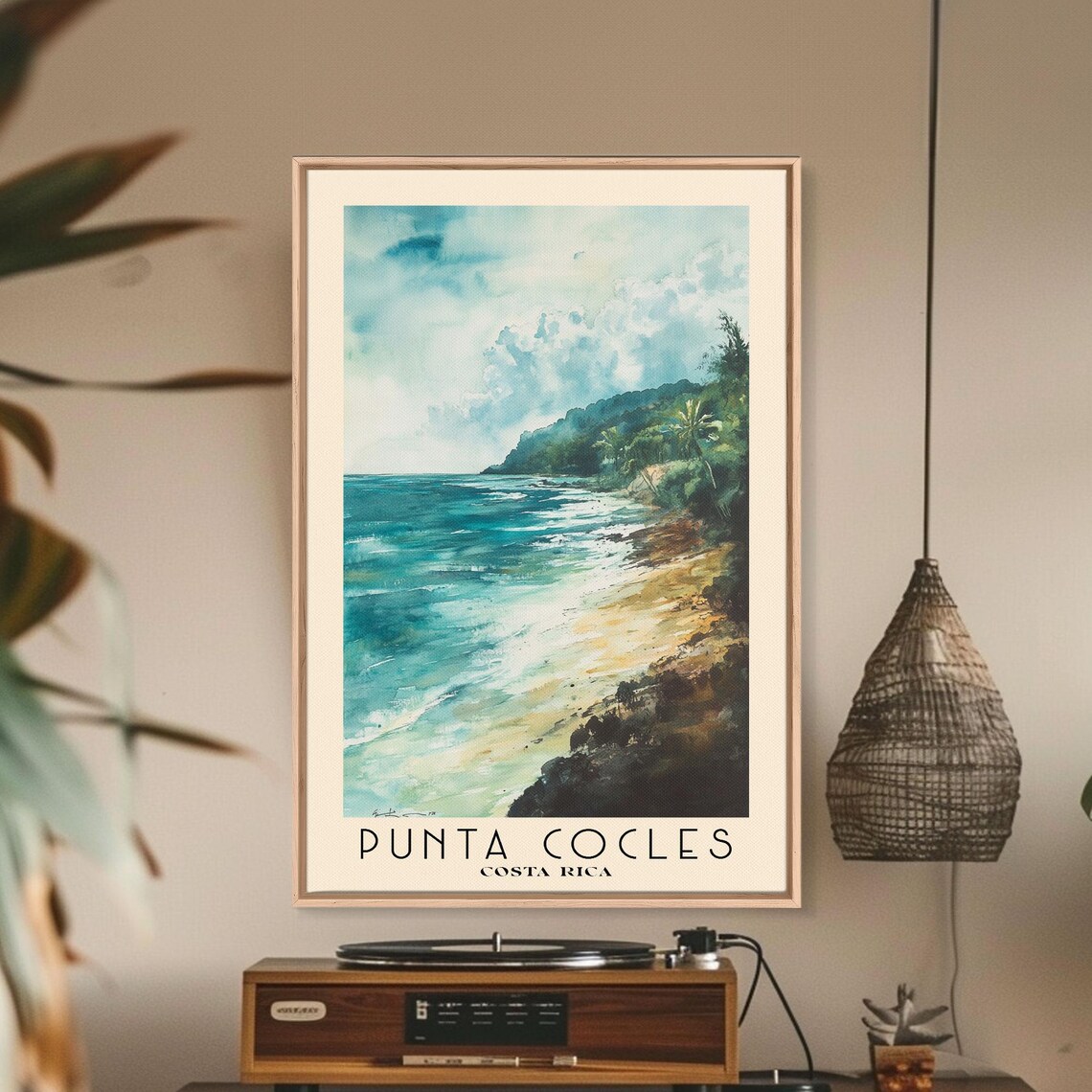 Punta Cocles Costa Rica Sandy Beach Green Hills Turquoise Surf Watercolor Poster - Image 2