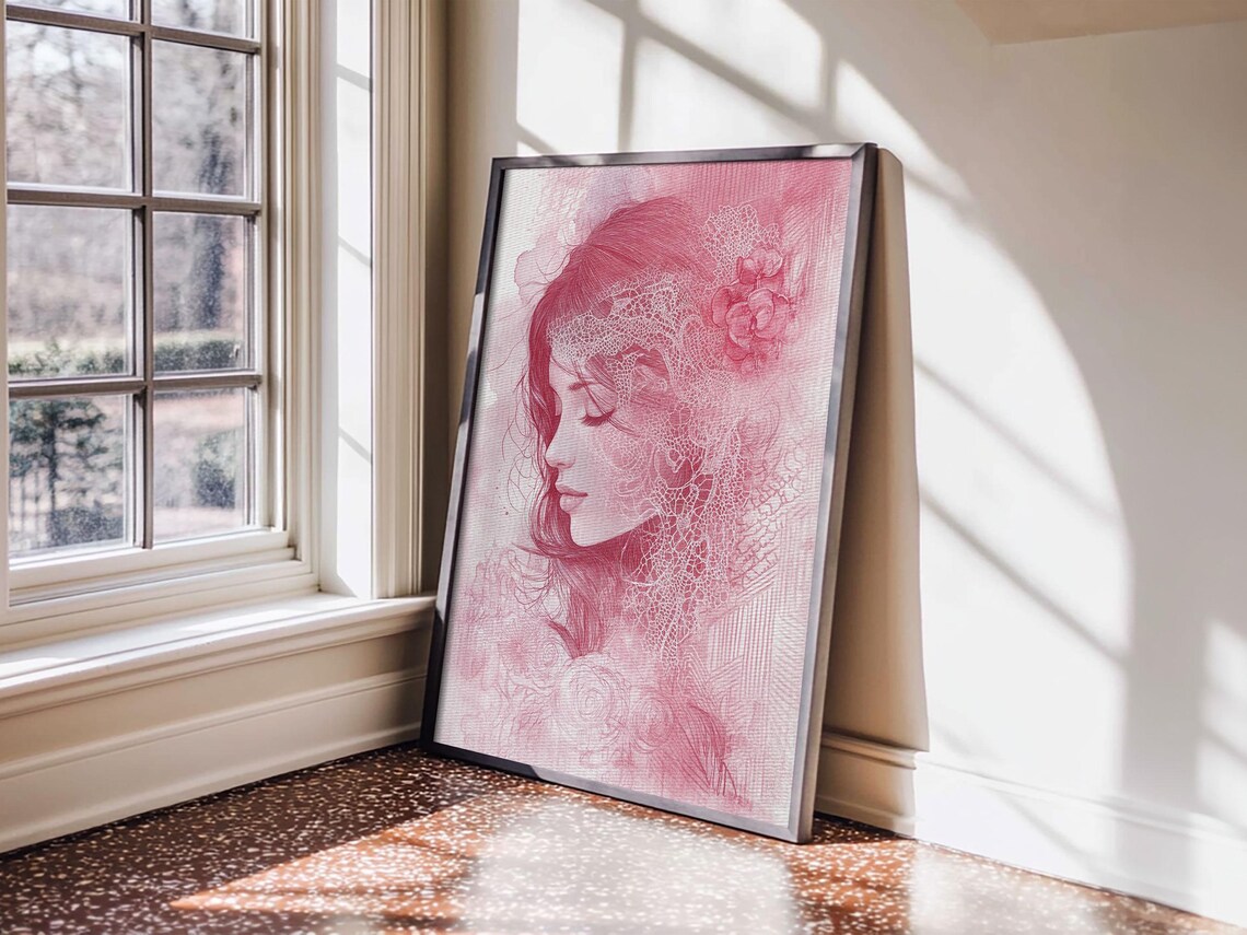 Pink Woman Portrait Lace Floral Sketch Elegant Romantic Art Poster - Image 6