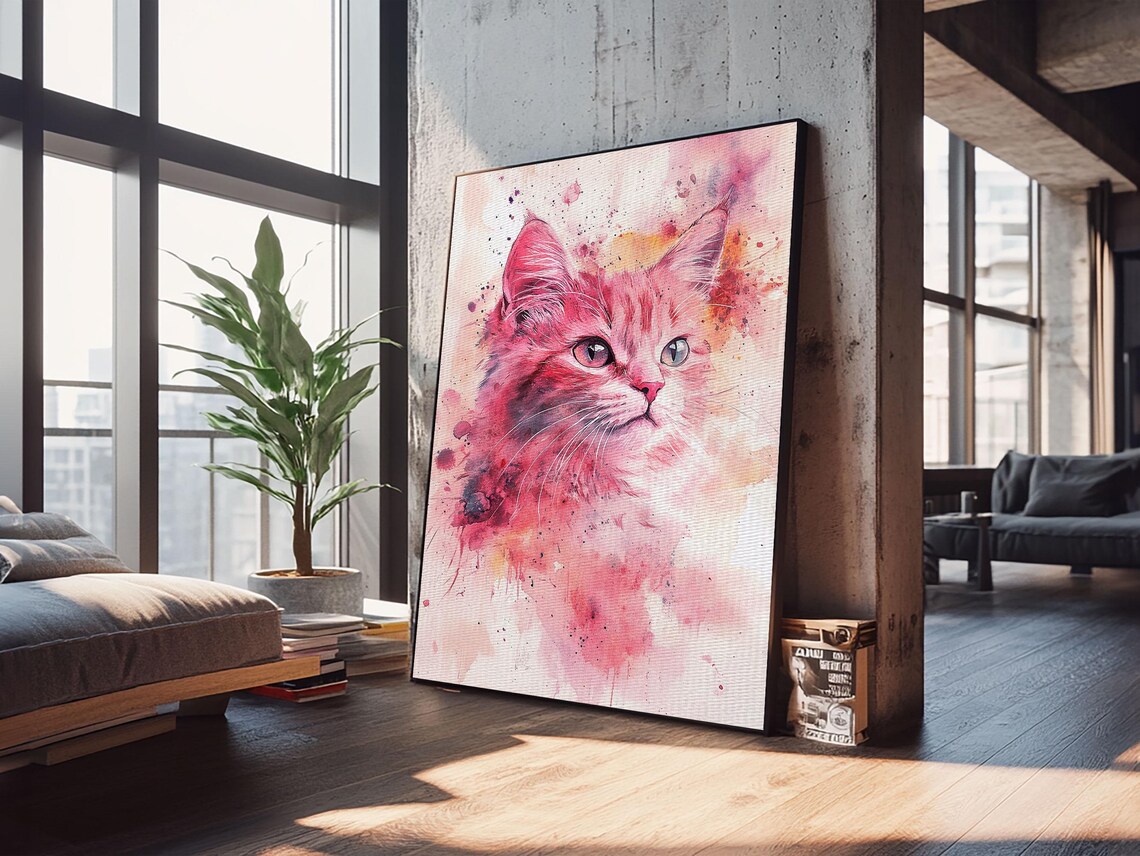Pink Cat Portrait Watercolor Whimsical Feline Bedroom Wall Art Poster