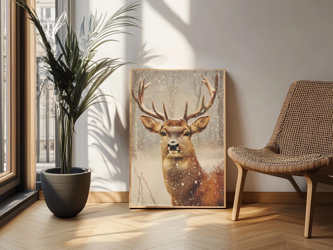 Stag Deer In Falling Snow Antlers Winter Woodland Animal Art Poster - Image 6