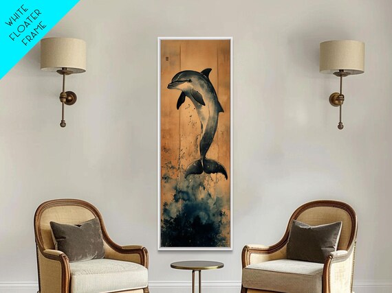 Framed Print Blue Dolphin Painting Coastal Nautical Wall Art Beach Inspired Above Bed Art Boho Coastal Living Room Decor Gift Him