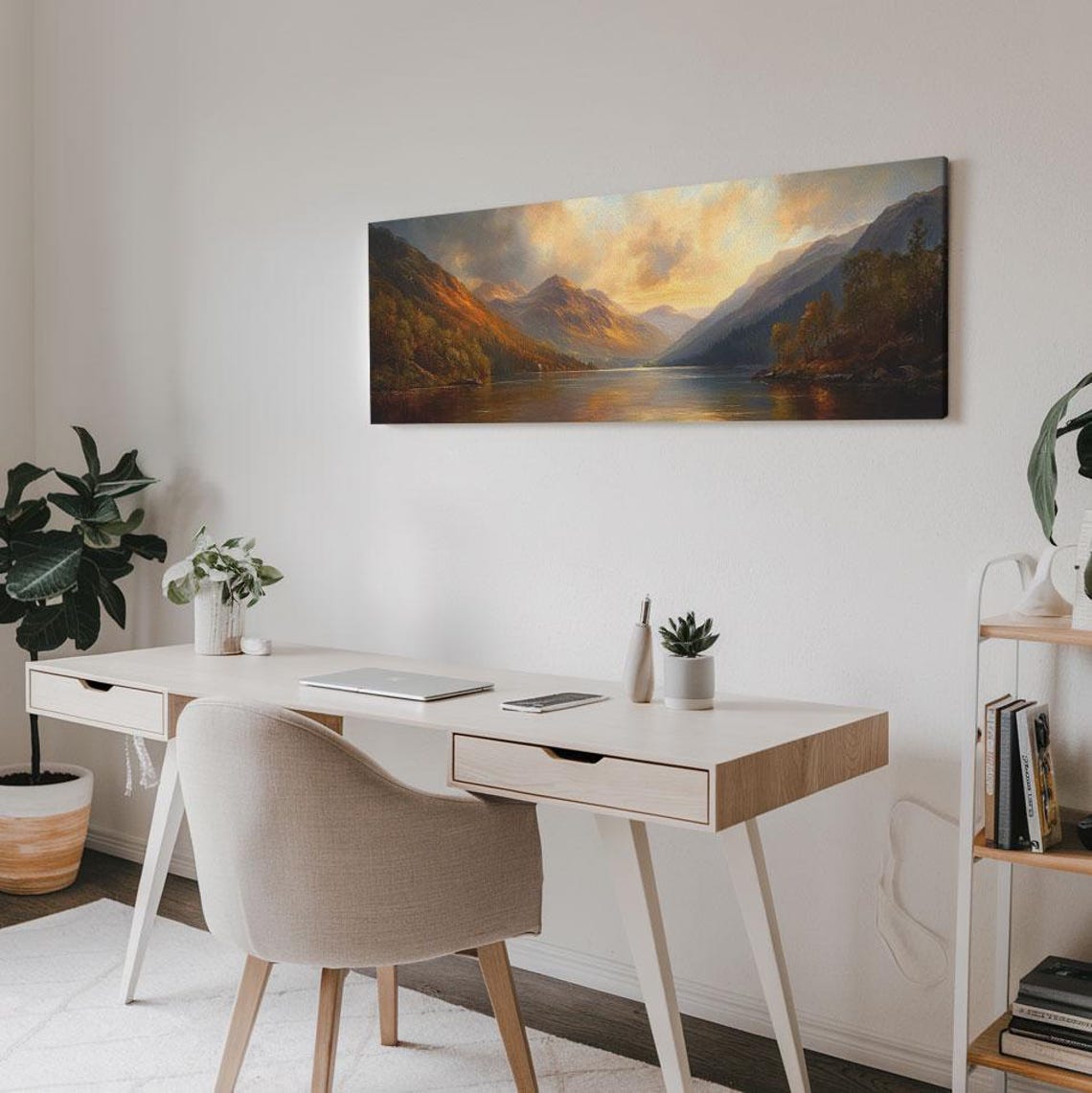 Sunrise Over The Lake Framed Print Boho Style Panoramic Painting Minimalist Wall Art Rustic Farmhouse Home Decor - Image 2