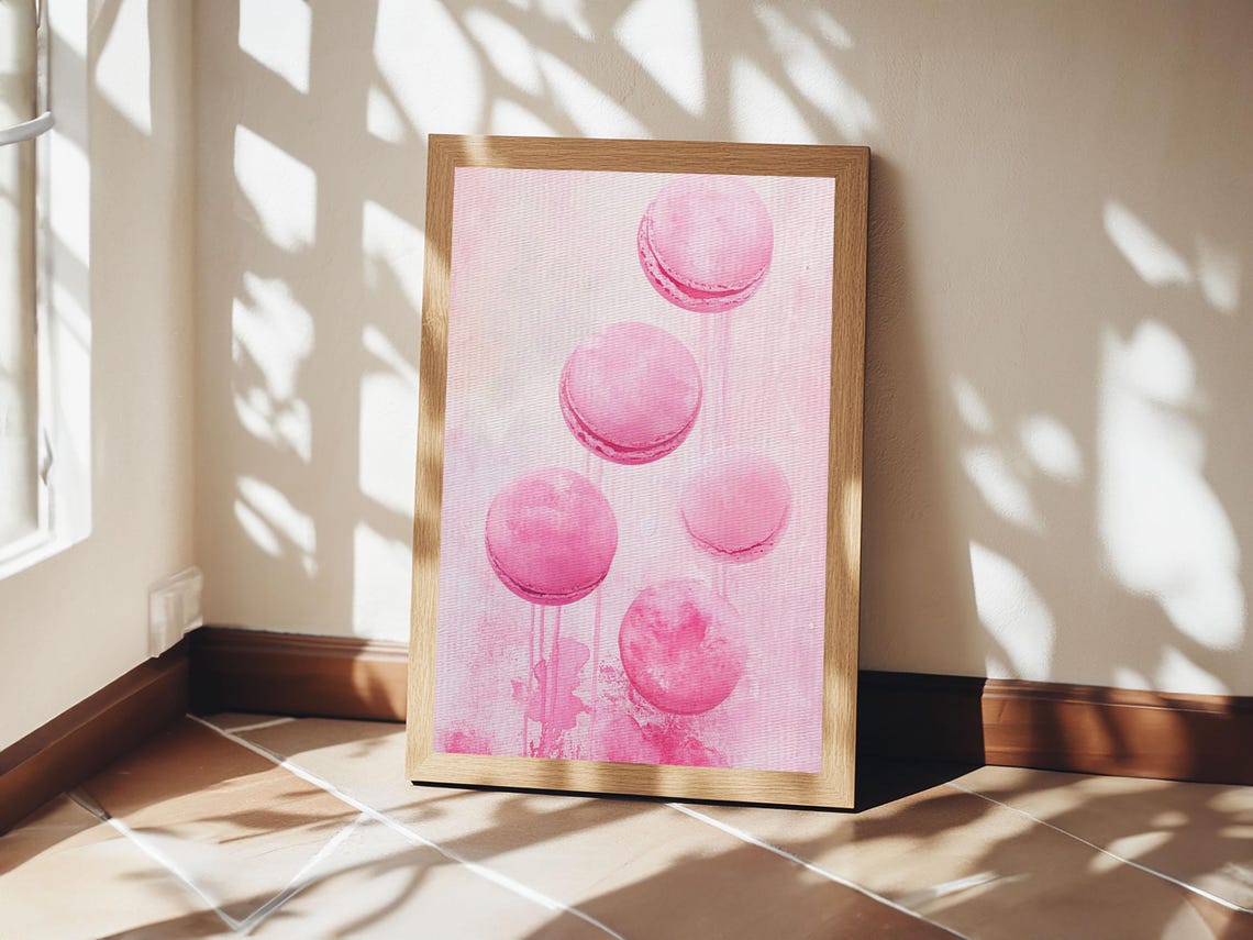 Pink Macarons Floating Playful Watercolor French Dessert Wall Art - Image 2