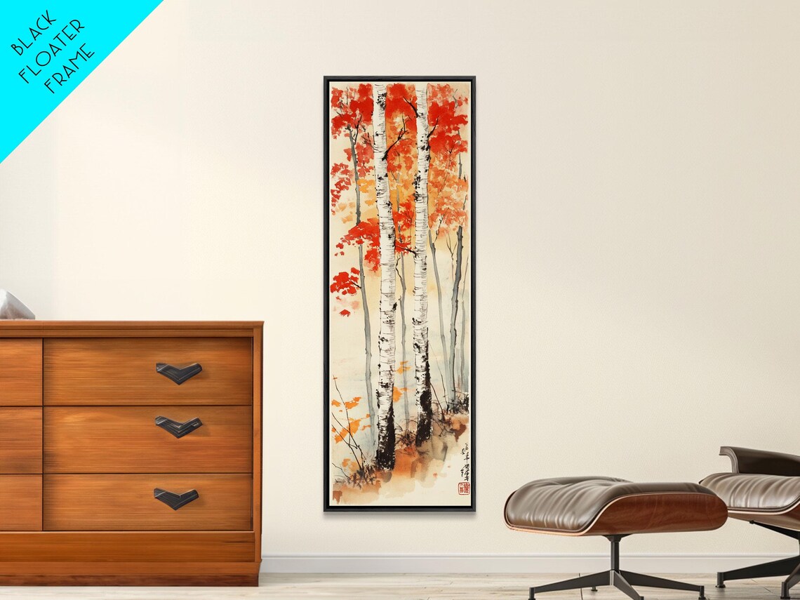 Japanese Birch Trees Autumn Red Leaves Traditional Ink Art Poster - Image 6