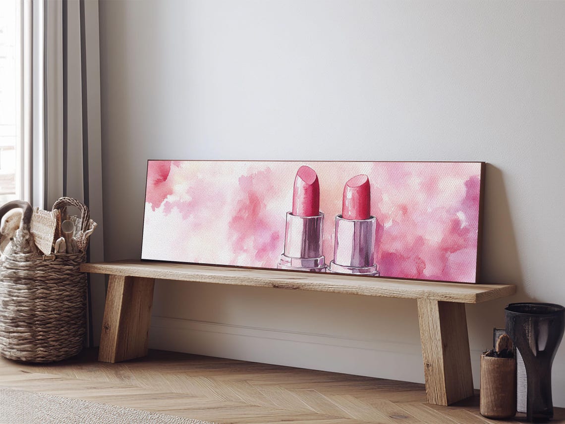 Pink Lipstick Pair Watercolor Makeup Glam Vanity Beauty Room Wall Art - Image 2