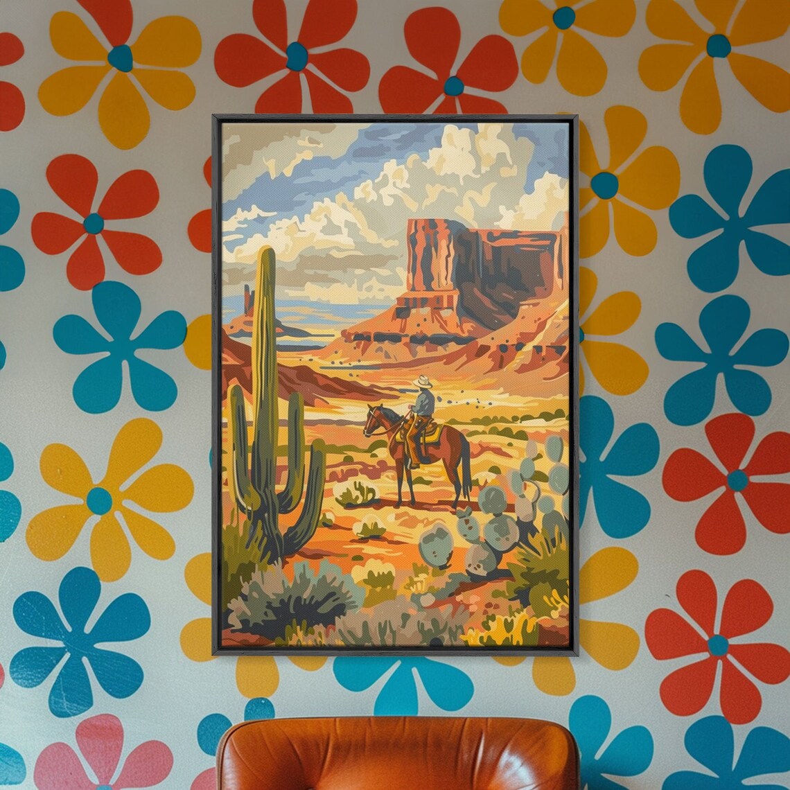 Desert Buttes Cowboy Horseback Cactus Vintage Western Travel Poster