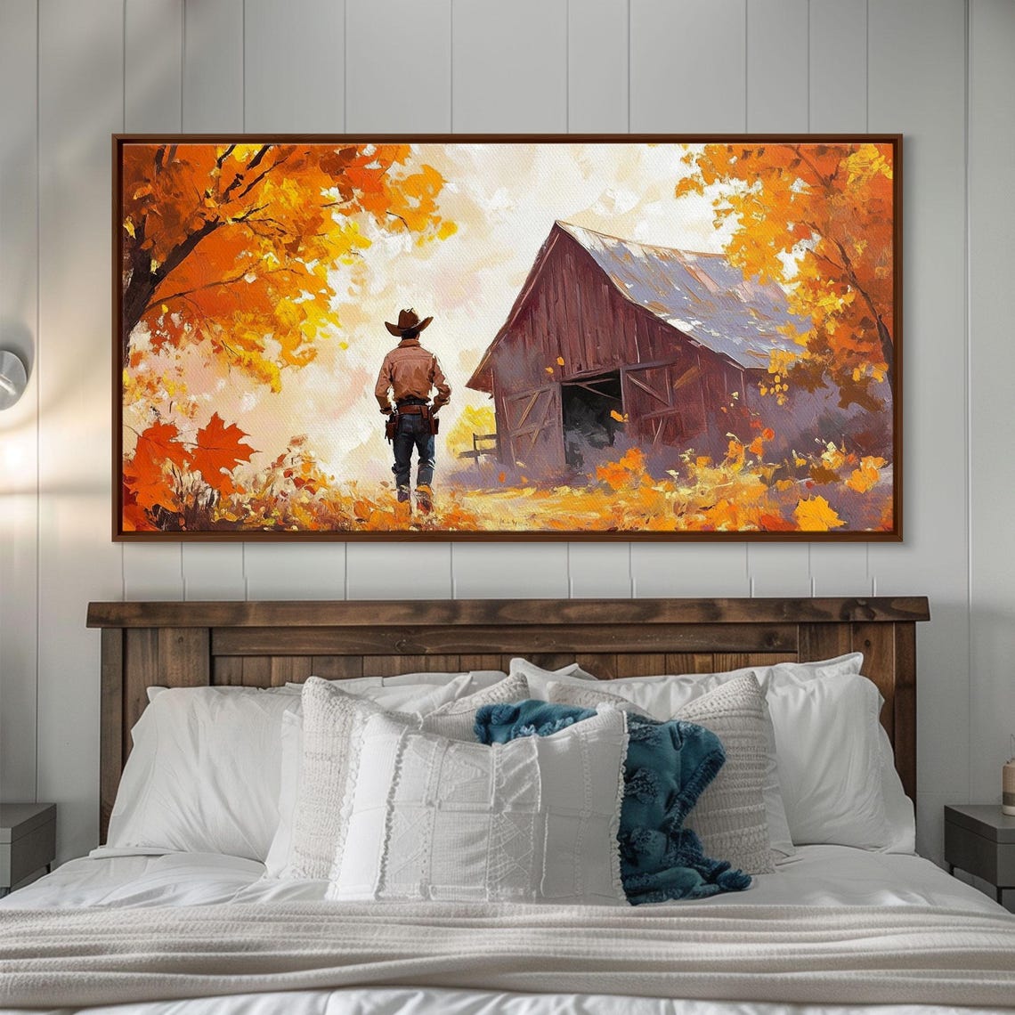 Cowboy Walking Toward A Red Barn Through Bright Fall Foliage Print - Image 6