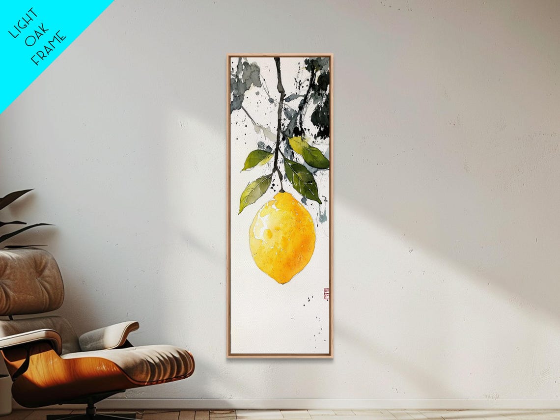Bright Lemon Hanging Ink Branch Green Leaves White Space Art Poster - Image 5