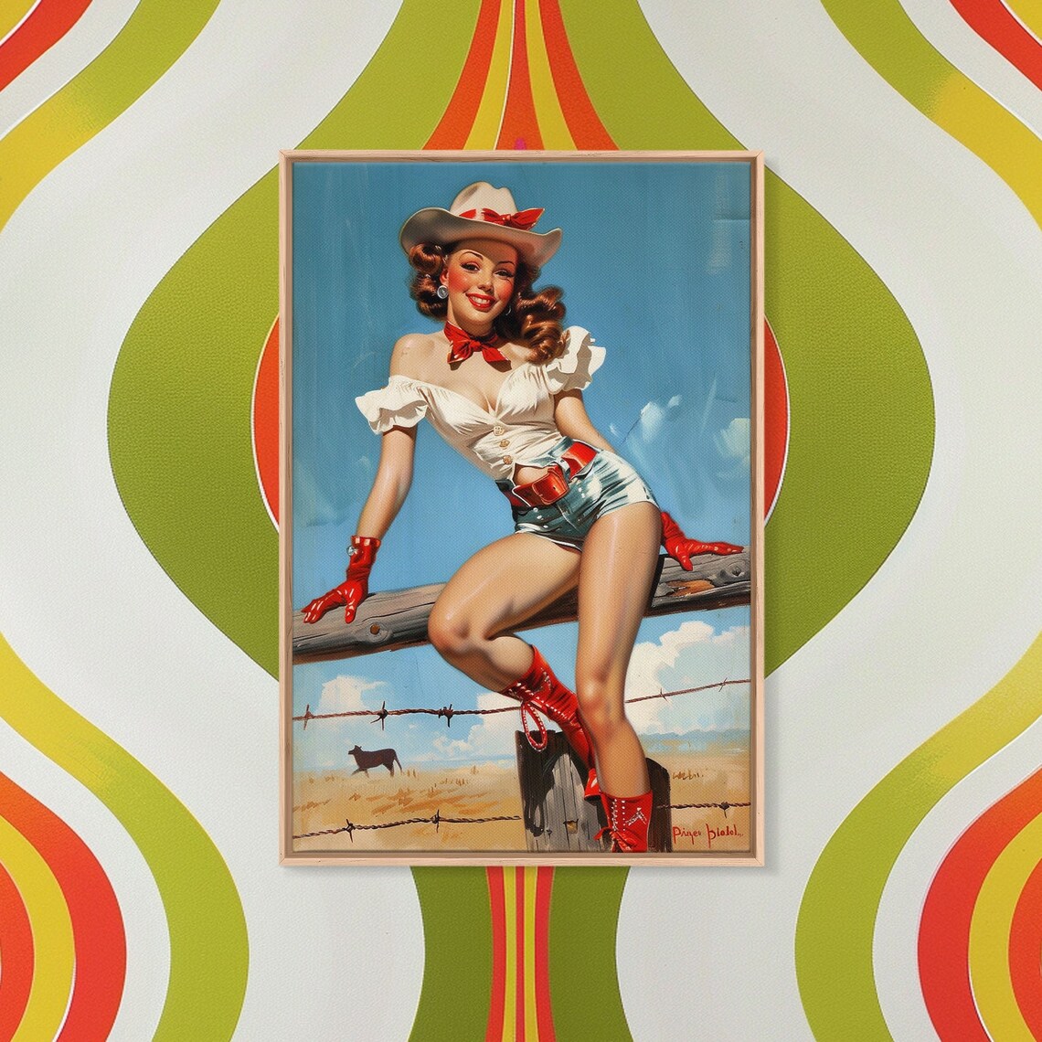 Vintage Cowgirl Pin Up Fence Red Boots Retro Western Wall Art