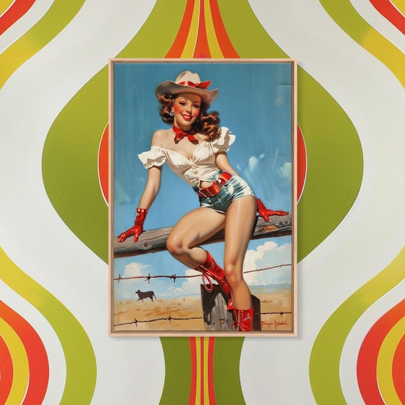 Retro Cowgirl Pin Up Art Print Framed Western Decor Vintage Pin Up Girl In Red Boots Classic Western Artwork For Home