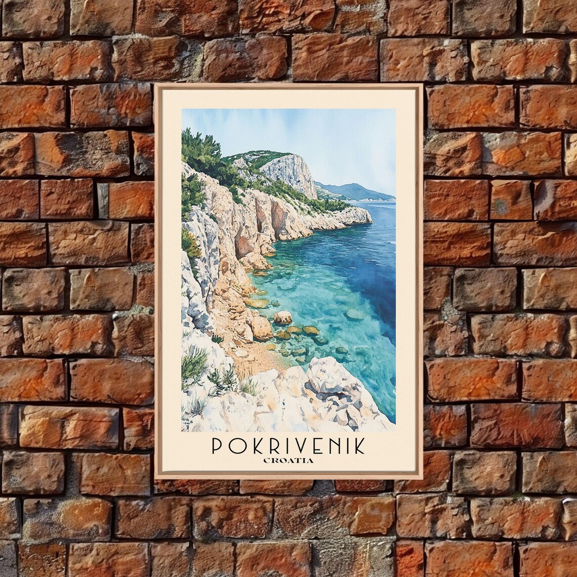 Pokrivenik Croatia White Rocky Cliffs Clear Turquoise Sea Pine Coast Watercolor Poster - Image 4