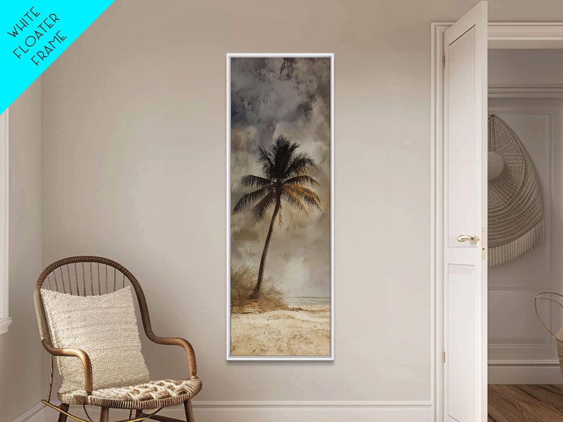 Moody Leaning Palm Tree Stormy Beach Vintage Coastal Scene Art Poster - Image 6