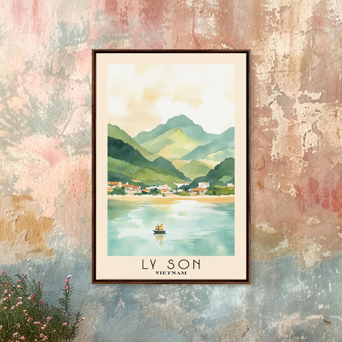 Ly Son Vietnam Sailboat Bay Green Mountain Village Watercolor Poster - Image 5