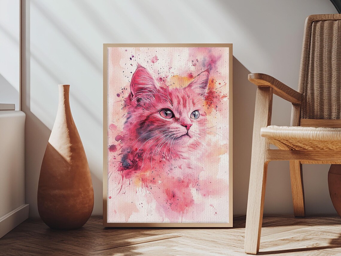 Pink Cat Portrait Watercolor Whimsical Feline Bedroom Wall Art Poster - Image 6