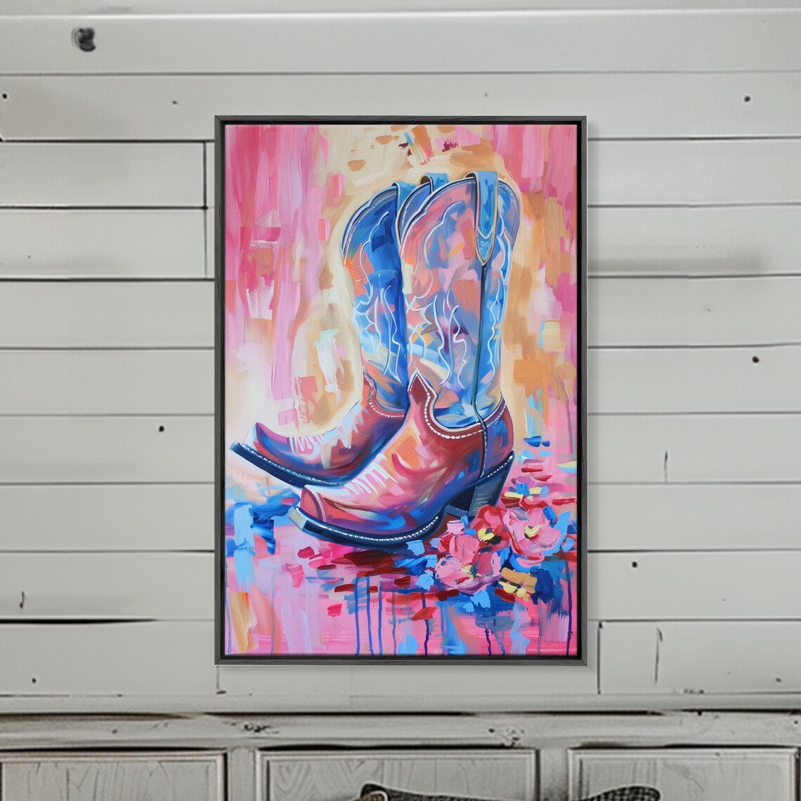 Pink Cowboy Boots Watercolor Floral Western Boho Style Wall Art - Image 3