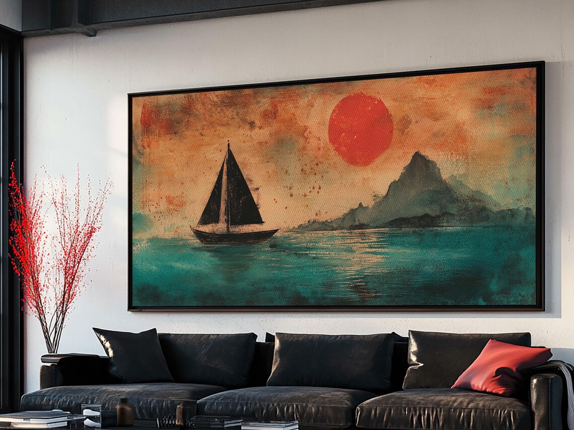 Sailboat Silhouette Under Red Sun Teal Sea Wabi Sabi Painting Wall Art - Image 3