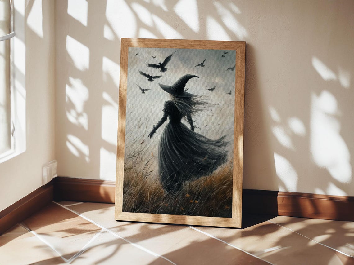 Gothic Witch Walking Windswept Field Ravens Moody Halloween Art Poster - Image 5