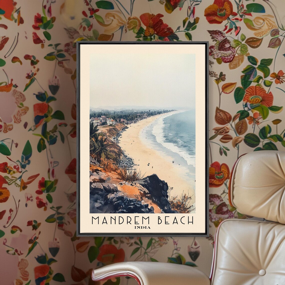Mandrem Beach India Cliff View Long Sandy Beach Watercolor Travel Poster - Image 3