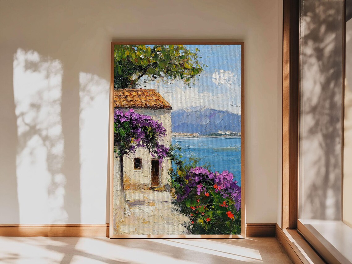 Italian Coastal Villa Sea View Bougainvillea Mediterranean Oil Print - Image 3