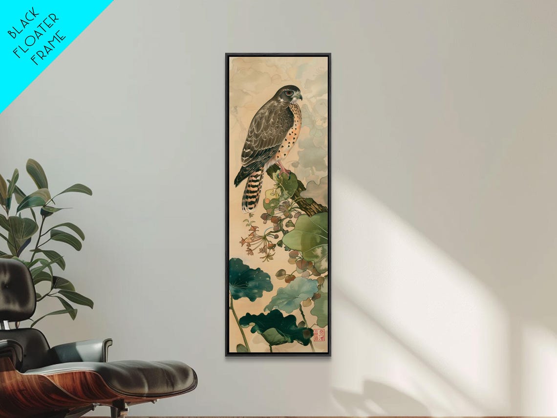 Majestic Hawk Perched Among Green Foliage Vintage Japanese Wall Art - Image 2