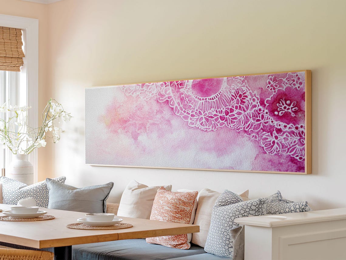 Delicate Pink Lace Doily Watercolor Floral Pattern Panoramic Art Print - Image 2
