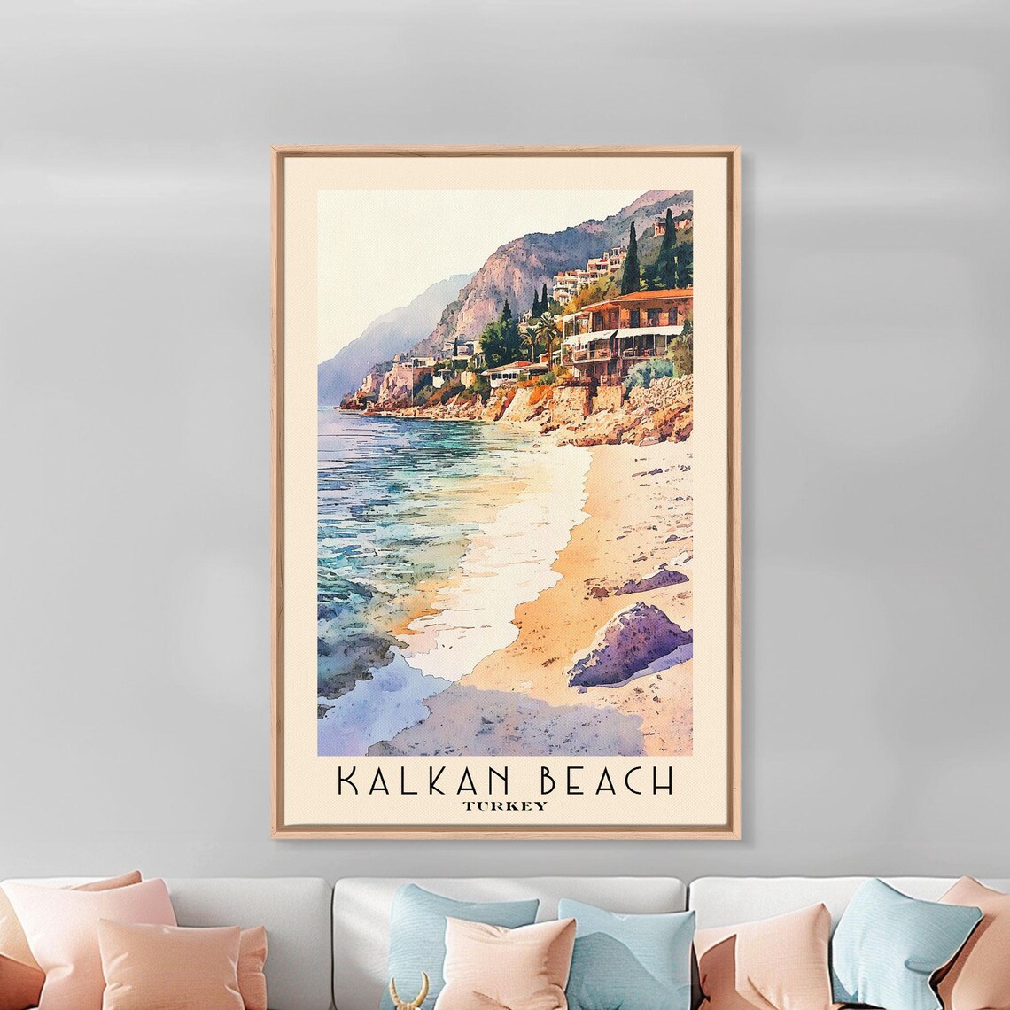 Kalkan Beach Turkey Cliffside Old Town Golden Beach Watercolor Wall Poster - Image 3