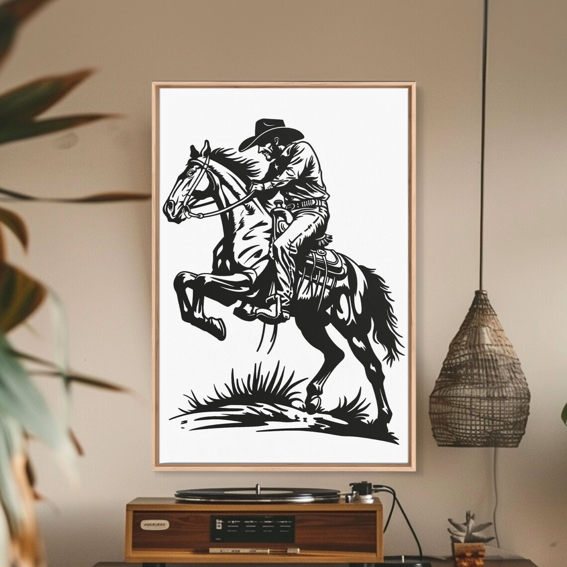 Classic Cowboy Riding Horse With Reins Black White Line Art Poster - Image 2