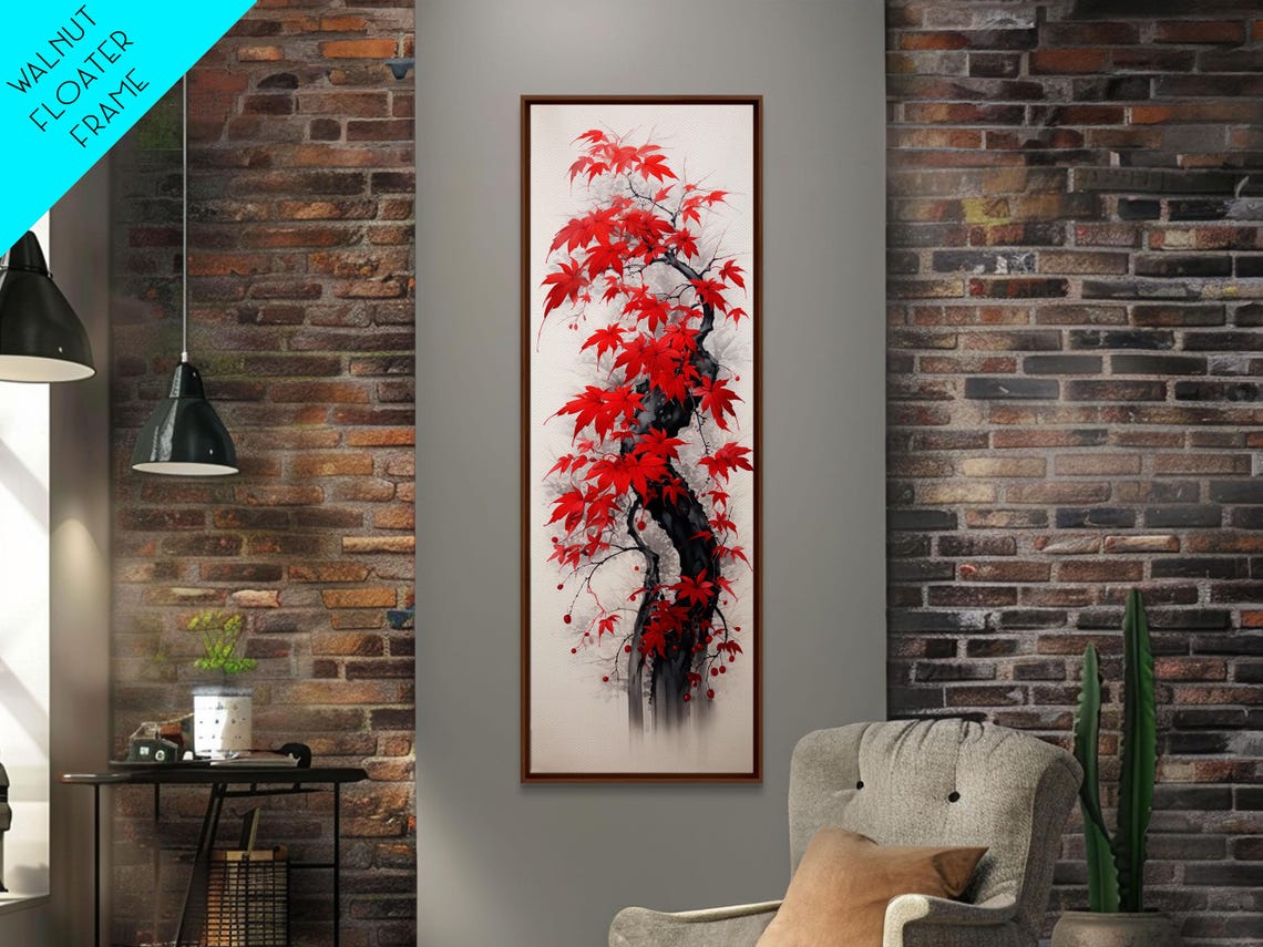 Red Japanese Maple Leaves On Twisted Trunk Ink Style Wall Art