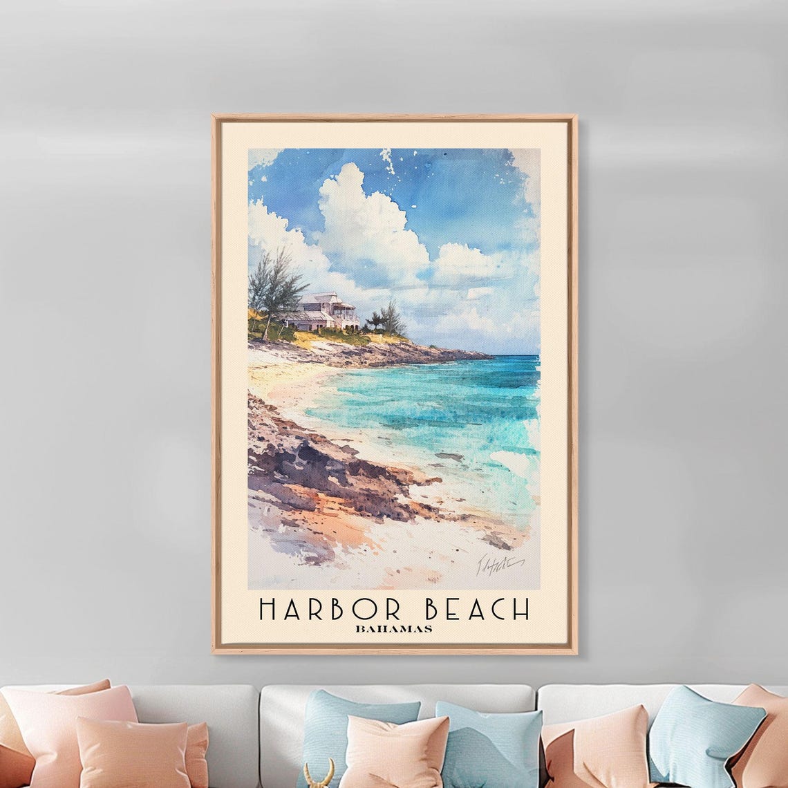 Harbor Beach Bahamas Cliffside House Turquoise Water Watercolor Poster - Image 3