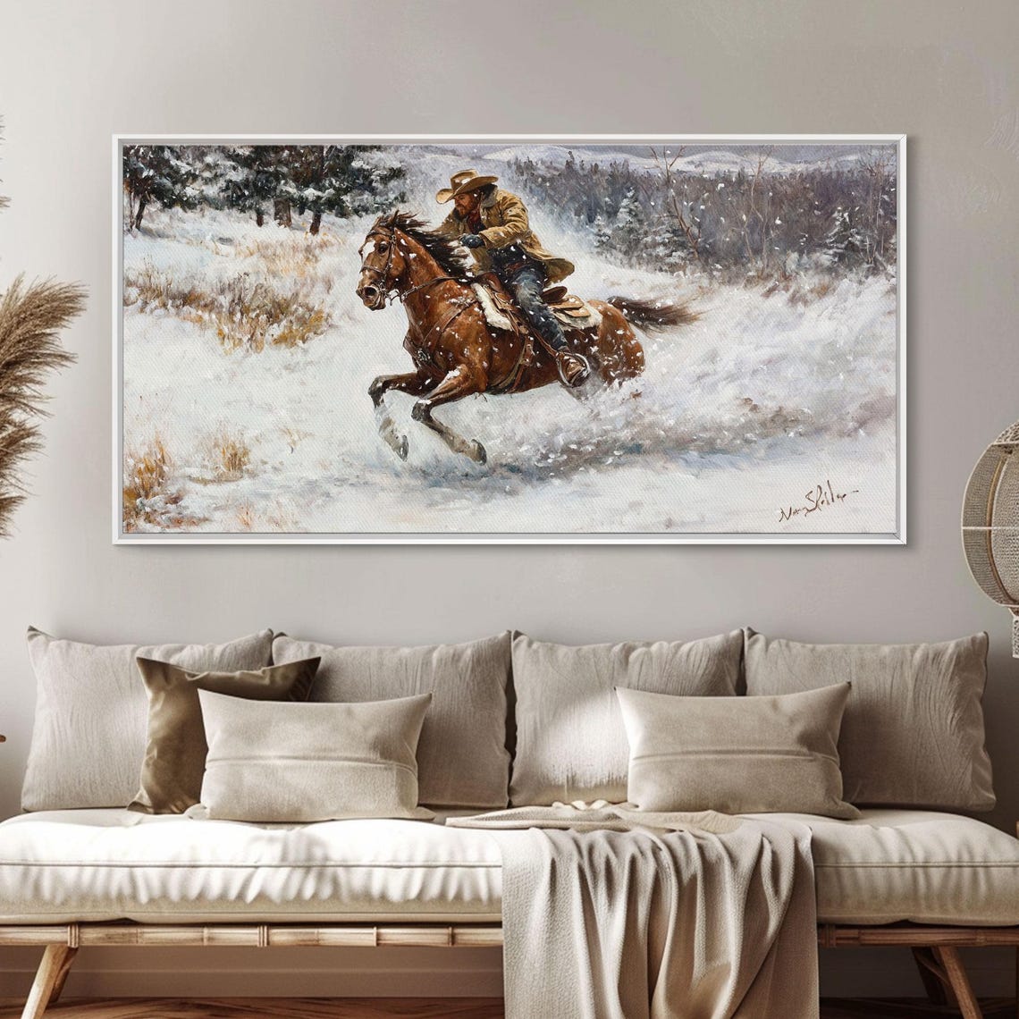 Cowboy Galloping Through Deep Snow On Horseback Winter Action Poster - Image 3