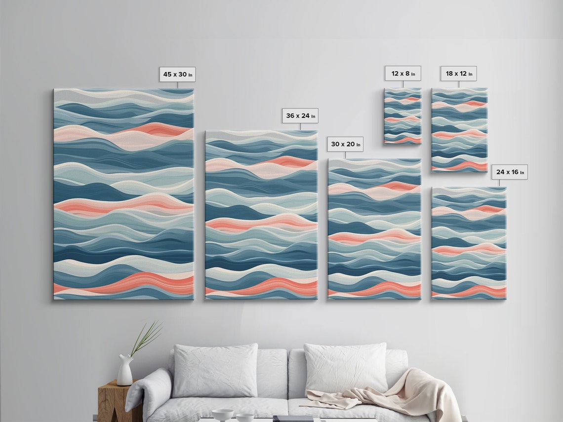 Abstract Ocean Waves Flowing Lines Blue Coral Modern Wall Art - Image 2
