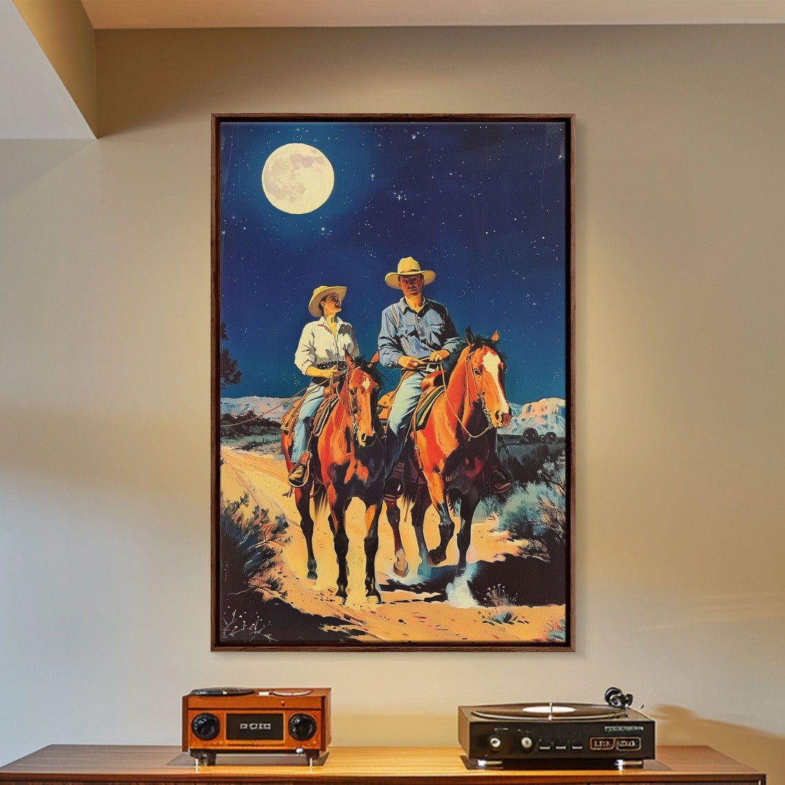 Cowboys Riding Horses Under Moonlight In Starry Night Western Poster - Image 2