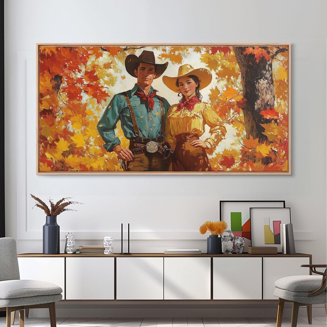 Vintage Cowboy Cowgirl Couple Portrait Among Golden Fall Leaves Poster