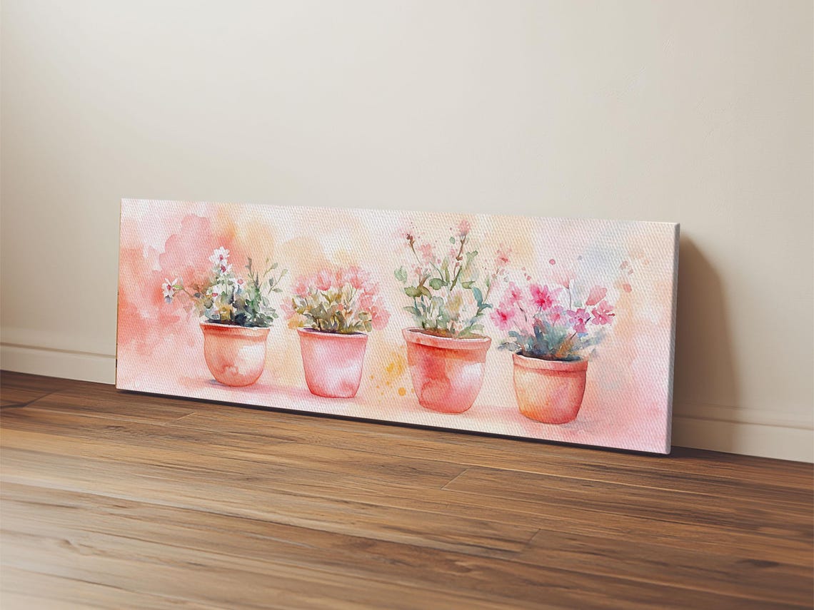 Potted Flower Blooming Plants Pink Watercolor Botanical Wall Art - Image 4