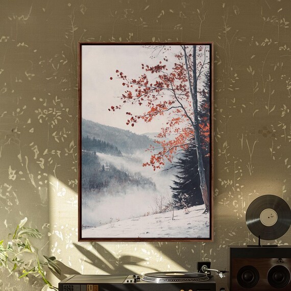 Print Of Snowy Mountain Trees Red Leaves Winter Wonderland Wall Art Best Gift Idea Moody Landscape Rustic Christmas Decor