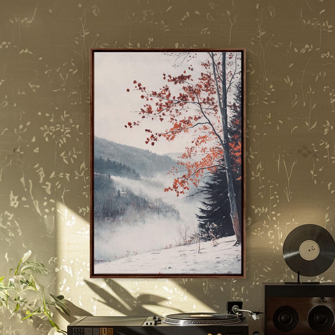 Snowy Mountain Valley Winter Snow Red Leaves Landscape Poster