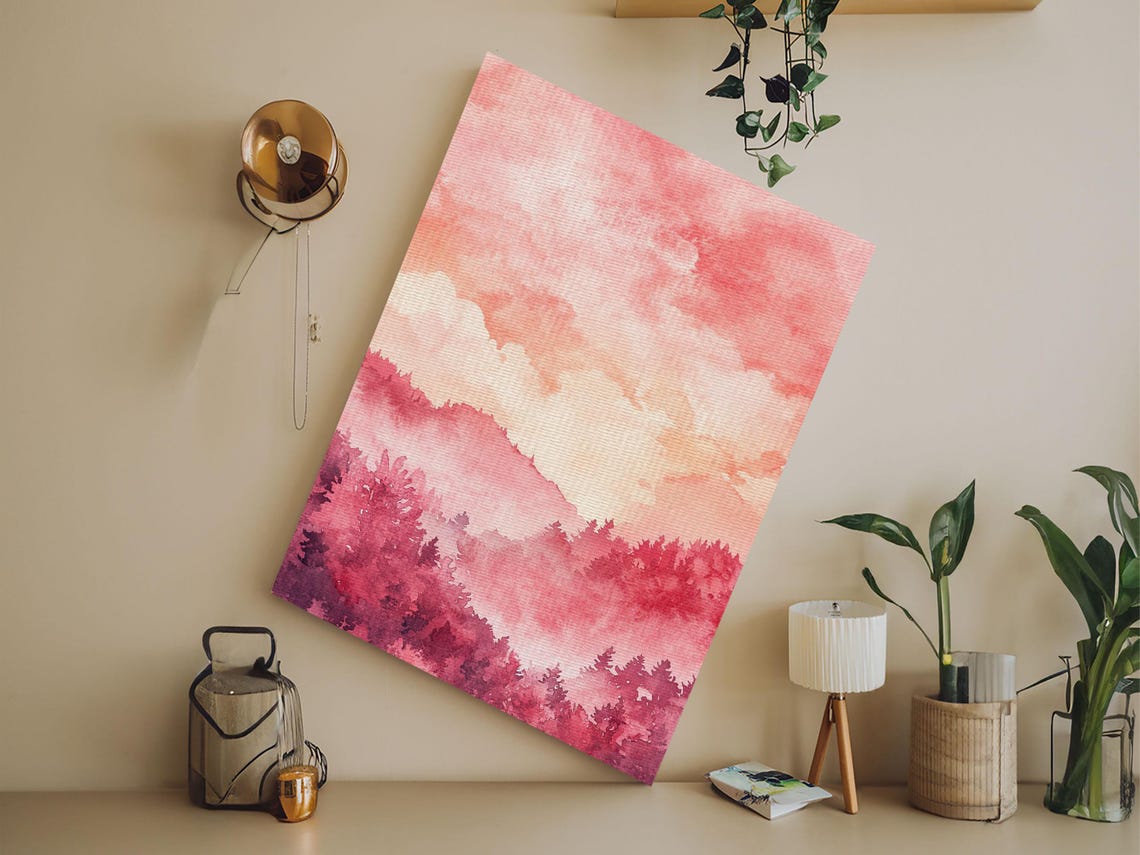 Pink Mountain Forest Sunset Watercolor Landscape Wall Art Print - Image 5