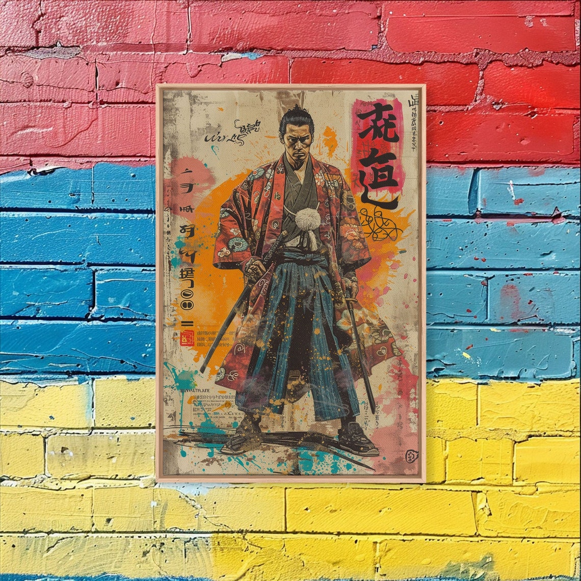 Japanese Samurai in Red Kimono Poster with Two Swords Ukiyo E Style - Image 3