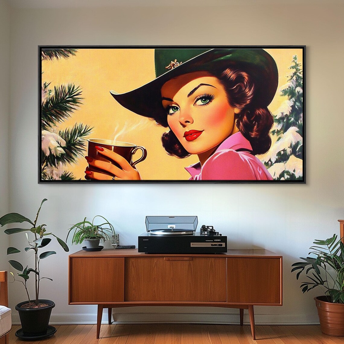Retro Cowgirl In Green Hat With Coffee Snowy Winter Pines Pinup Poster - Image 4