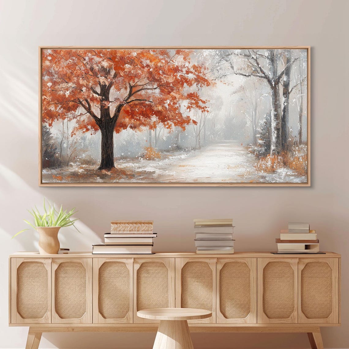 Misty Forest Path Orange Leaves Snowy Ground Fall Walk Poster - Image 4