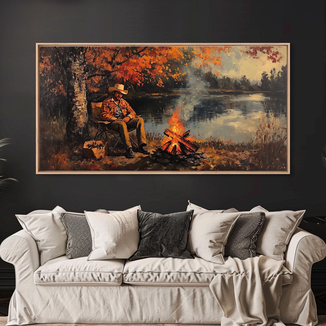 Cowboy Campfire Autumn Lake Rustic Western Landscape Painting Poster - Image 2