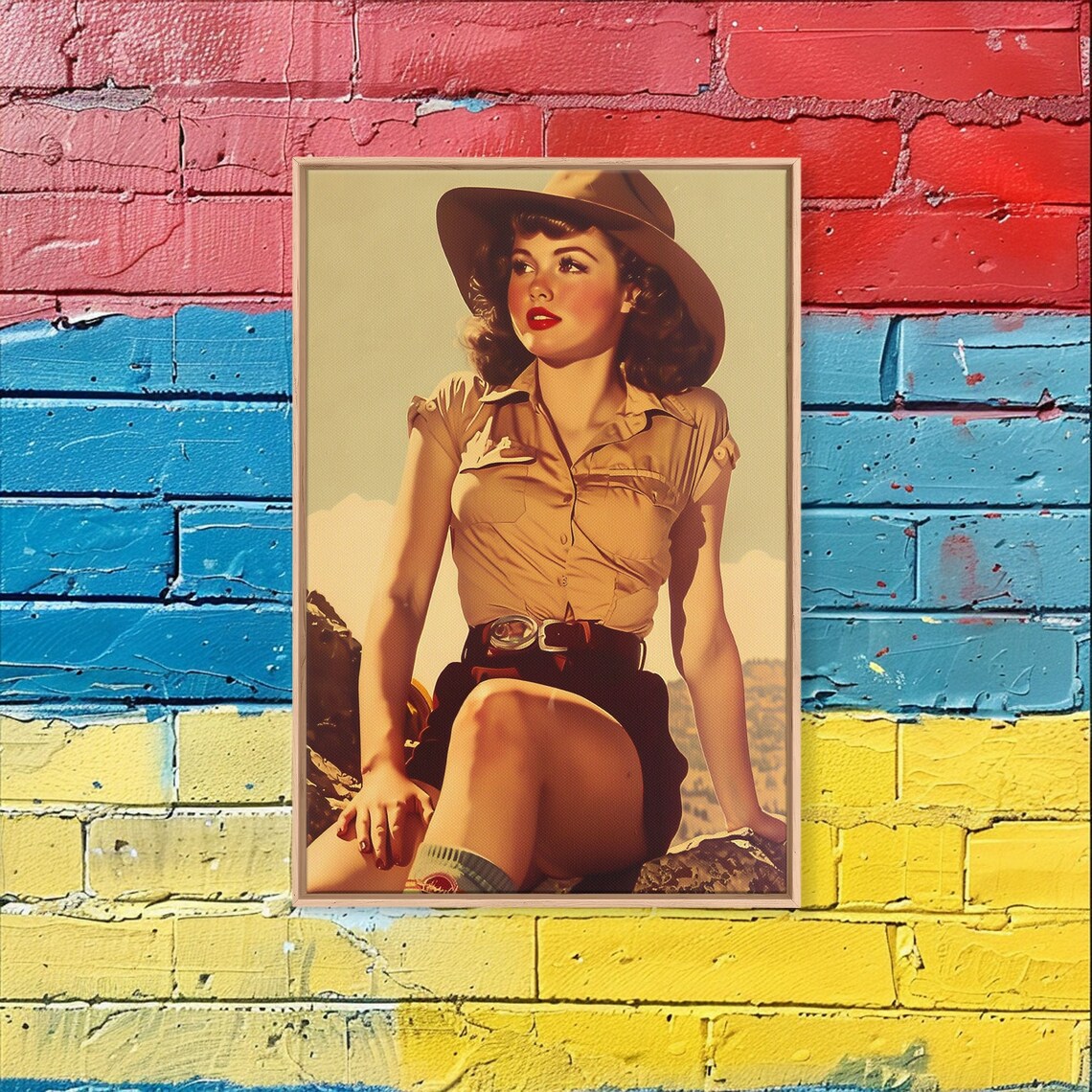 Retro Pinup Cowgirl Safari Hat Vintage Portrait Wall Art Poster - Image 5