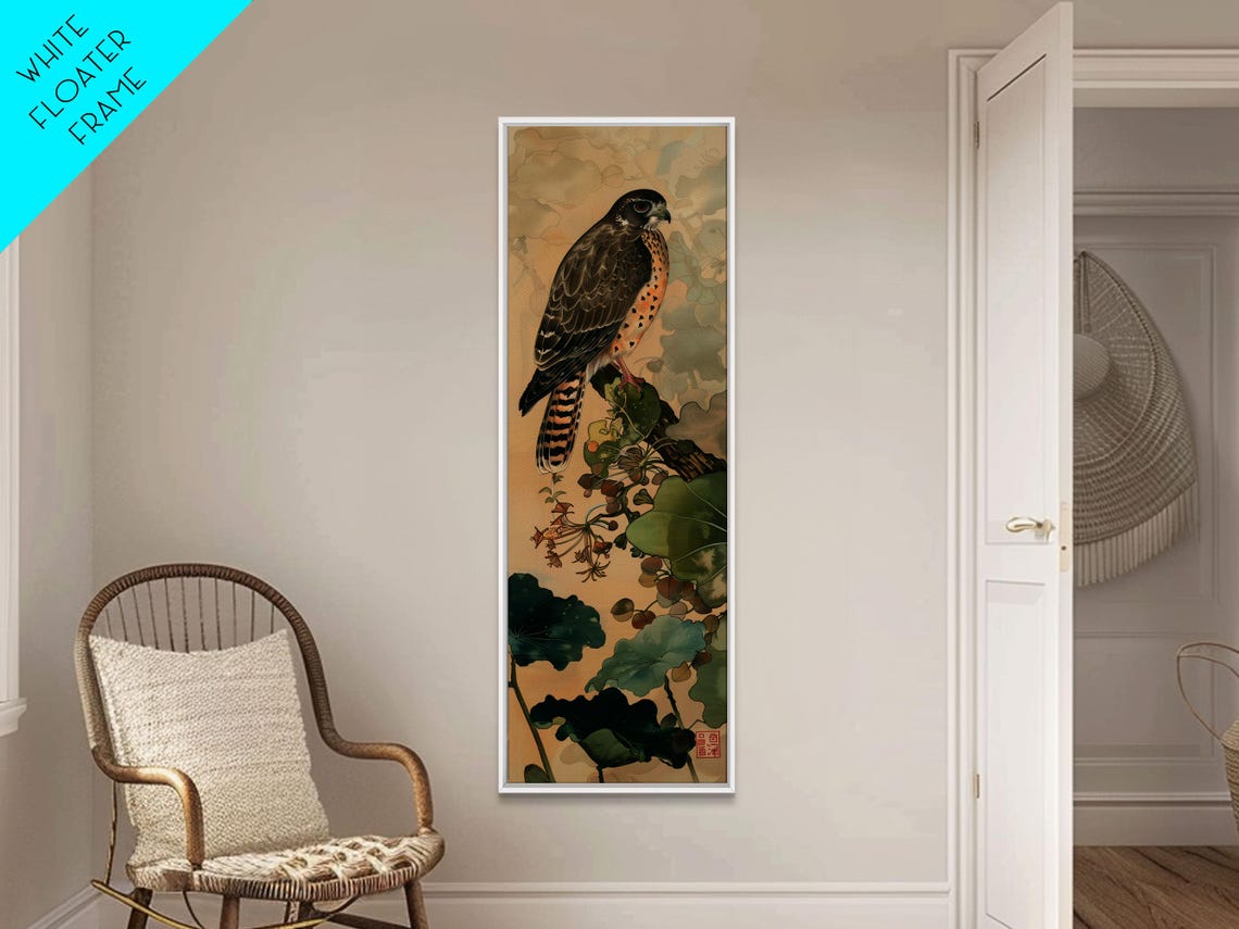 Majestic Hawk Perched Among Green Foliage Vintage Japanese Wall Art