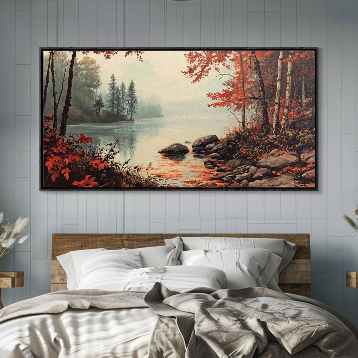 Fall On The River Autumn Lake Red Foliage Pines Misty Landscape Poster - Image 6