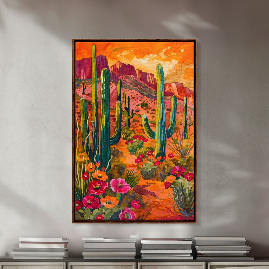 Desert Scene With Saguaro Cacti and Flowers Art Print - Image 3
