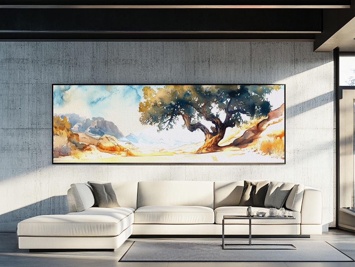 Desert Tree Rocky Hillside Watercolor Panoramic Minimalist Wall Poster - Image 6