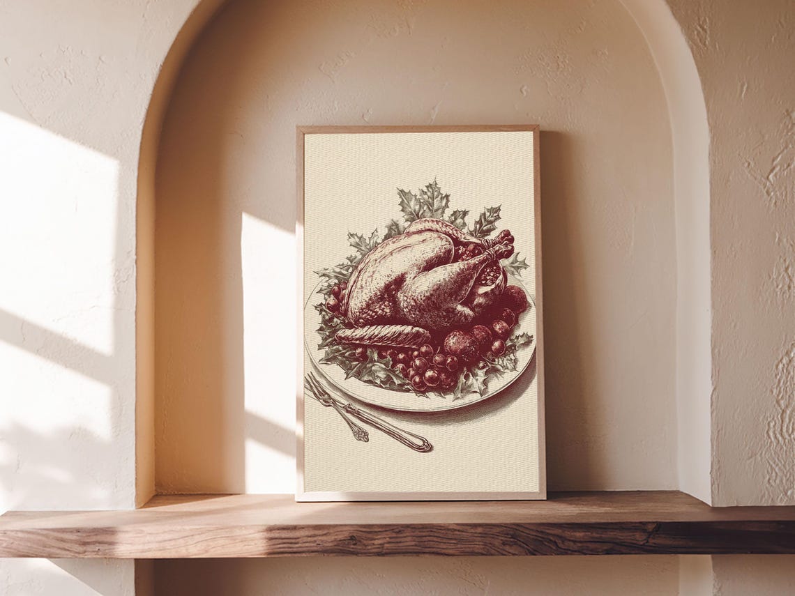 Roasted Turkey Burgundy Engraving Vintage Christmas Dinner Art Poster - Image 4