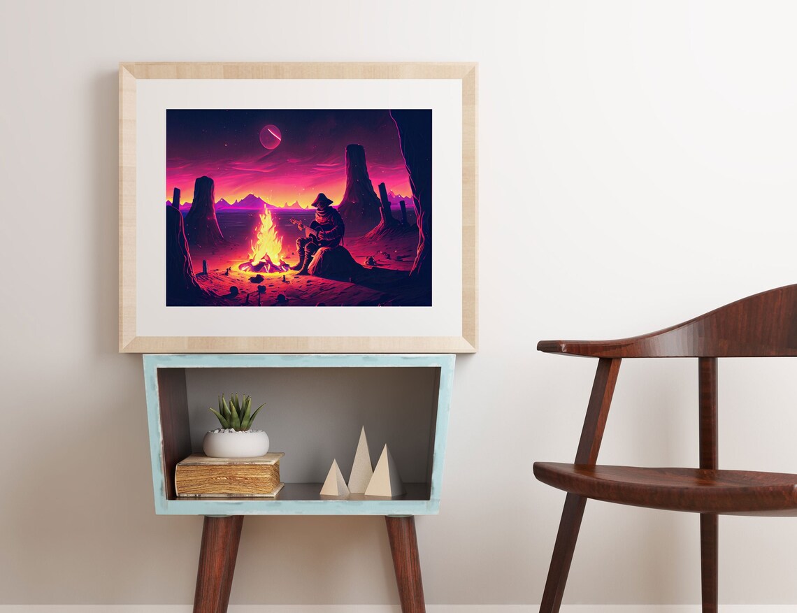 Valley Canyon Man Campfire Guitar Landscape Magenta Fine Art Print Wall Art Print Wall Poster Wall Dcor