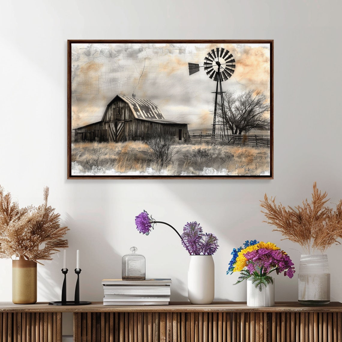 Old Rustic Barn With Windmill Sepia Prairie Landscape Painting Print - Image 5
